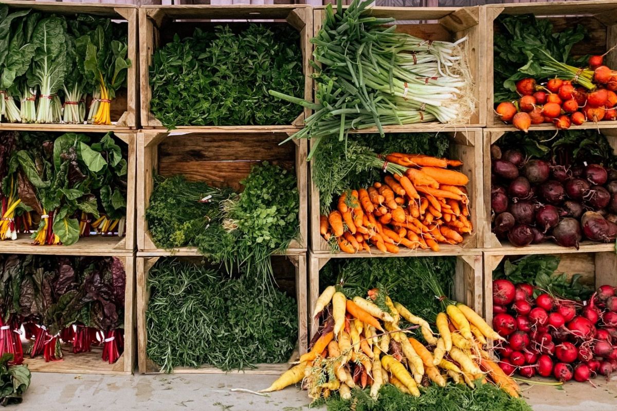 in aufgestellten Kisten ist regionales und sasionals Gemüse und Grünzeuzu sehen wie z. B. Möhren und Petersilie